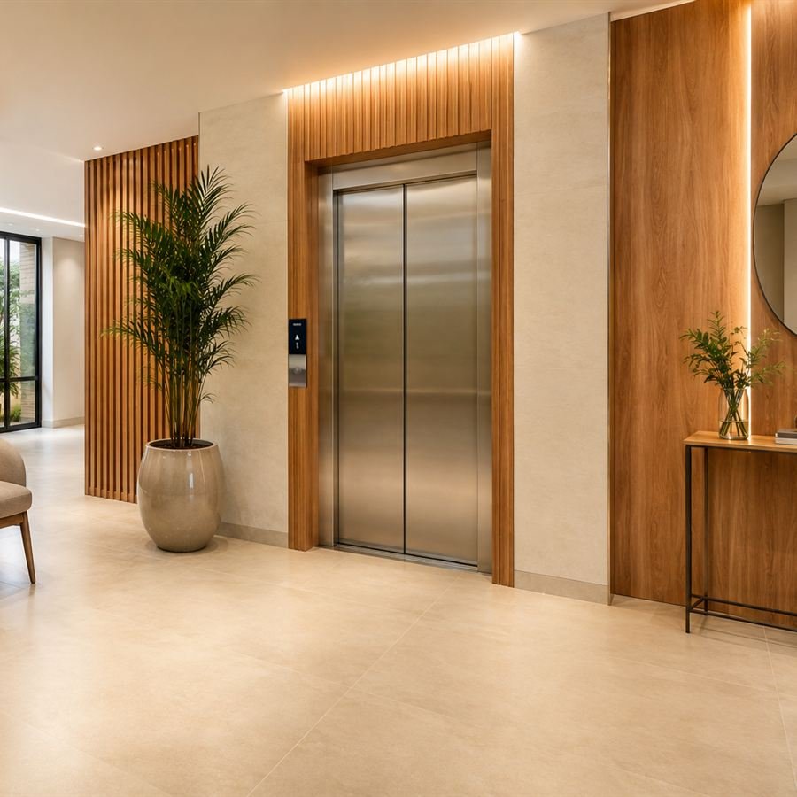 Elevador com portas em inox em um hall de entrada com revestimento de madeira e poltronas.